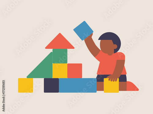 Illustration of  A young child plays with colorful building blocks, constructing a small tower.