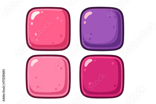 Set of colorful candy blocks, jelly buttons for a mobile puzzle game UI. Vector illustration of glossy, sweet square assets for match-3 or app development on white.