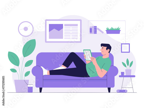 Illustration of A young man relaxing on a purple sofa in a modern living room while reading on a digital tablet.