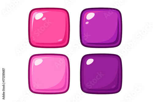 Colorful square candy pieces in pink and purple shades for gaming. Vector cartoon illustration of glossy jelly blocks. Mobile game assets or GUI buttons set. Sweet GUI elements.