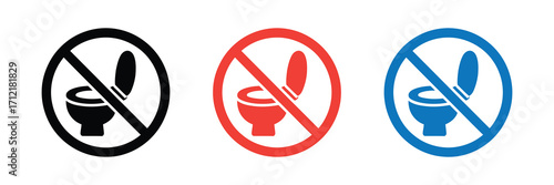 Three prohibition signs with a toilet icon in black, red, and blue, indicating no toilet use or a restricted area, isolated on white background