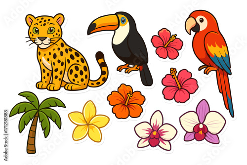 Cute cartoon tropical animal sticker set. Leopard, toucan, parrot, hibiscus, and palm tree vector collection. Jungle wildlife illustration for kids. Isolated exotic elements.