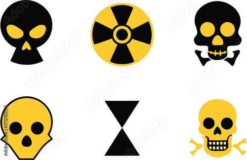 Radiation sign, biohazard sign and toxic sign set vector . Set of hazard danger yellow and black vector signs symbol. Danger, warning icon set. Silhouette and outline style. Vector illustration.