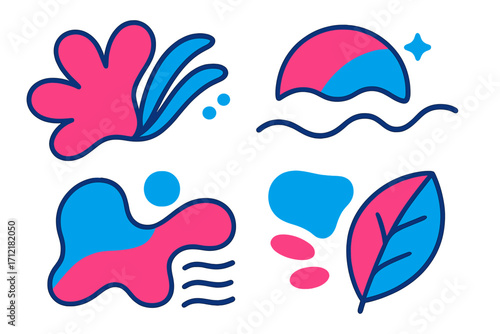 Set of abstract vector shapes. Flat design elements for logo, sticker, or icon. Modern minimalist graphic collection with organic, nature-inspired forms like sun, leaf, and wave.