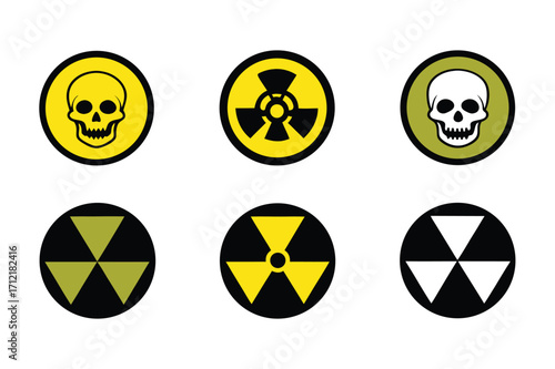Radiation sign, biohazard sign and toxic sign set vector . Set of hazard danger yellow and black vector signs symbol. Danger, warning icon set. Silhouette and outline style. Vector illustration.