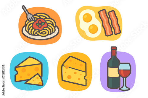 Food icon collection. Delicious meal set with pasta, spaghetti, fried eggs, bacon, cheese and red wine. Colorful flat vector cartoon illustration for restaurant menu design.
