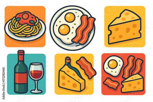 Food icon set vector flat illustration. Pasta spaghetti, fried eggs, bacon breakfast. Cheese, red wine bottle and glass. Meal collection cartoon design elements. Delicious food.