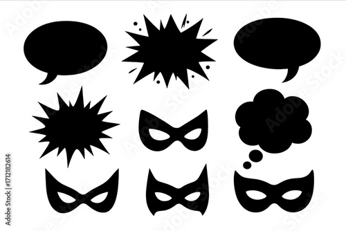 Superhero comic elements silhouette set. Speech bubble, thought cloud, action burst, hero mask icons. Pop art cartoon vector graphic pack. Pow, zap, bang sound effect shapes.