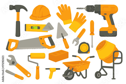Construction tools vector icon set. Building and renovation equipment for repair, DIY, and carpentry. Includes hammer, drill, saw, helmet, and wheelbarrow. Flat cartoon design.