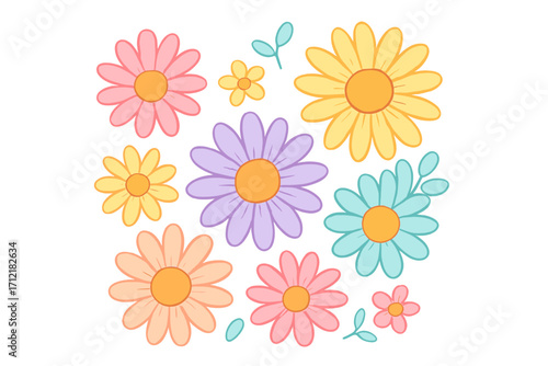 Colorful daisy groovy floral pattern. Cute retro 70s flowers in pastel colors. Spring summer botanical cartoon vector illustration. Hippie flower power design element set.