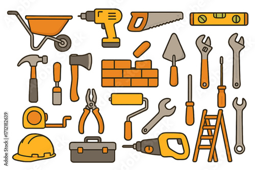 Construction tools icon set for building, repair, and home renovation. Vector illustration of hardware equipment for carpentry, masonry, and DIY projects. Maintenance service.