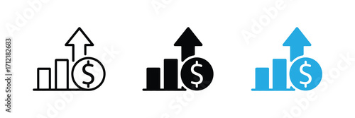 Financial growth icon with upward trending bar graph and dollar coin, representing economic progress and investment success, isolated on white background