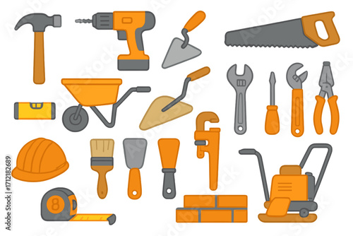 Construction tools and equipment icon set for building and renovation. Vector flat design cartoon illustration. Hammer, drill, saw, wrench, helmet for repair and diy work.