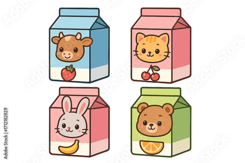 Cute colorful milk cartons with adorable animal faces. Kawaii cartoon vector set for kids. Cow, cat, rabbit, bear characters with strawberry, cherry, banana, orange fruit flavors.