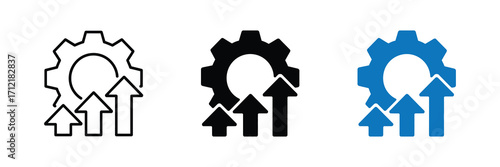 Gear icon with three upward arrows indicating growth, progress, and improvement, isolated on white background