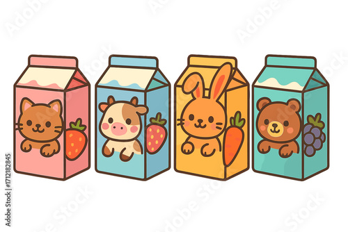 Cute colorful milk cartons with adorable animal illustrations for children. Kawaii food packaging design concept. Set with cat, cow, rabbit, bear. Vector cartoon graphic for kids.