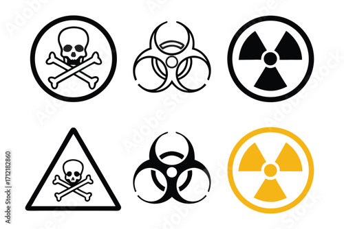 Radiation sign, biohazard sign and toxic sign set vector . 