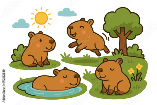 Cute capybara characters vector set. Adorable cartoon capybaras in different poses. Playful animal collection enjoying a sunny day in a park with a pond and tree.