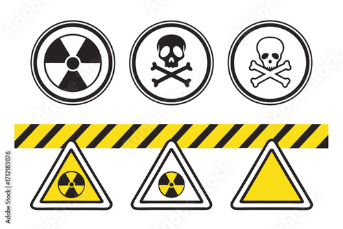 Radiation sign, biohazard sign and toxic sign set vector . Set of hazard danger yellow and black vector signs symbol. Danger, warning icon set. Silhouette and outline style. Vector illustration.