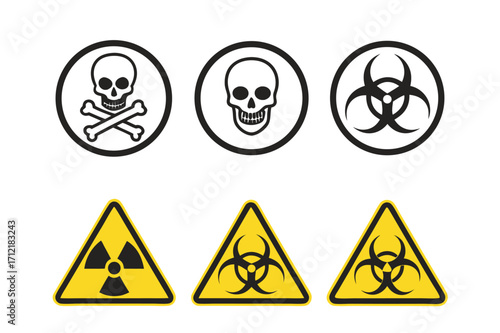 Radiation sign, biohazard sign and toxic sign set vector . Set of hazard danger yellow and black vector signs symbol. Danger, warning icon set. Silhouette and outline style. Vector illustration.