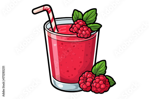Raspberry smoothie vector cartoon illustration. Fresh berry fruit drink in glass with straw. Healthy summer refreshment beverage. Concept diet, detox, vegan, vegetarian food.