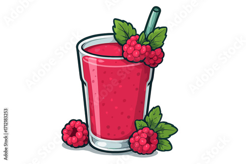 Refreshing raspberry smoothie in glass with straw, fresh berries, and mint. Healthy blended fruit drink or milkshake. Vector cartoon illustration for juice bar menu or diet concept.