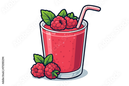 Raspberry smoothie vector illustration. Fresh berry fruit drink in glass with mint. Concept for healthy summer beverage, detox diet, vegetarian menu, refreshment, cocktail.