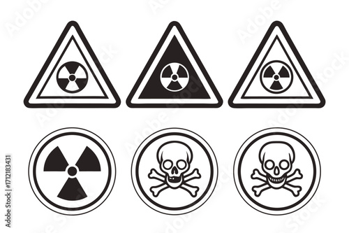 Radiation sign, biohazard sign and toxic sign set vector . Set of hazard danger yellow and black vector signs symbol. Danger, warning icon set. Silhouette and outline style. Vector illustration.