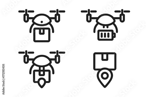 Minimalist drone delivery icons set with battery indicator, package, location pin, and flight symbols, vector illustration for logistics, shipping, and technology concepts