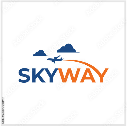 Airplane travel and airline logo design with jet flying through clouds in the sky. Vector graphic illustration for an aviation business or tourism agency concept