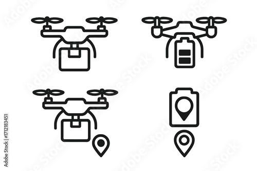 Drone delivery icon set with minimalist design, battery status, package carrying drone, GPS location pin, vector illustration for technology, transport, logistics, and navigation concepts