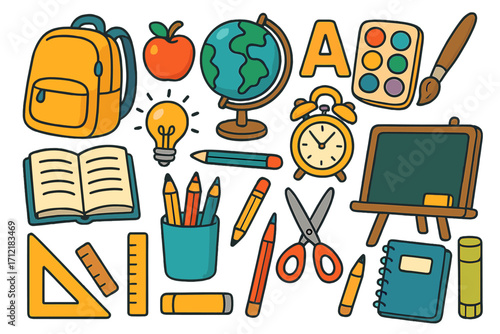Colorful Educational Tools and School Supplies Vector Illustration, Back to School Essentials with Pencils, Books, Globe, Chalkboard, Paint Set, Scissors, and Alarm Clock Cartoon Design for Learning
