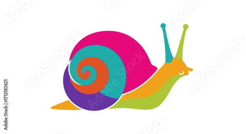 Colorful stylized snail with a vibrant spiral shell.