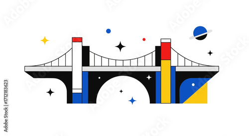 Stylized geometric bridge illustration with colorful abstract shapes.