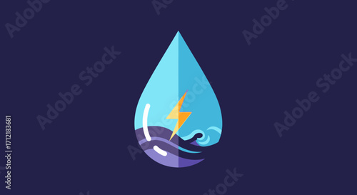 Stylized Water Droplet Icon with Lightning and Wave.