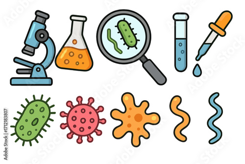 Scientific laboratory research illustration with microscope, test tubes, petri dish, bacteria, virus, microbes, and dropper. Vector cartoon biology and microbiology concept.