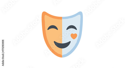 Smiling theatrical mask with two colored halves icon.