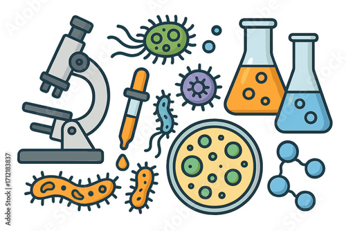 Scientific laboratory research illustration with microscope, petri dish, test tubes, bacteria cells, virus microbes, dropper, cartoon vector biological experiment design