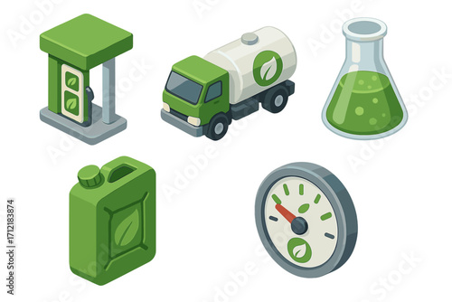Isometric Eco Fuel Icons Set with Green Gas Station Pump, Biofuel Tanker Truck, Science Beaker with Green Liquid, Eco-Friendly Fuel Container, and Fuel Gauge Illustration, Transparent Background