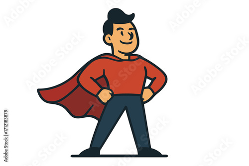 Confident superhero character with red cape standing boldly, cartoon vector illustration, bravery and strength concept, leadership and empowerment, transparent background