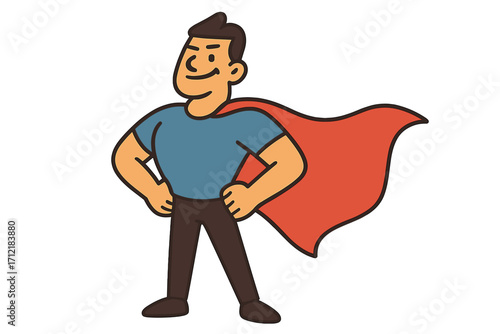 Confident cartoon man standing boldly with red superhero cape, inspiration, bravery, heroism, empowerment, vector illustration with transparent background