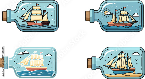 Sailing ships in glass bottles, nautical artwork, maritime illustration, vintage sea vessels, ocean-themed decor, handcrafted ship models, coastal fantasy scene