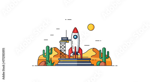 Rocket Launch Pad in a Desert Landscape.