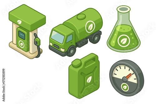 Isometric Eco Fuel Icons Set with Green Gas Station, Tanker Truck, Beaker, Container, and Fuel Gauge, Renewable Energy, Environment Friendly, Clean Energy Vector Illustration