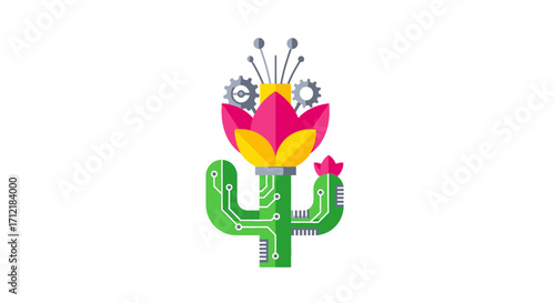 Technological Nature Fusion a Circuit Board Cactus Flower.