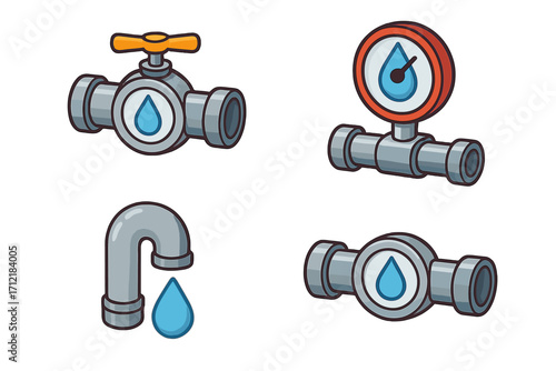 Isometric Water Management Icon Set with Pipes, Valves, Gauges, Droplet Symbols, Cartoon Vector Illustration, Fluid Control, Plumbing Equipment, Transparent Background