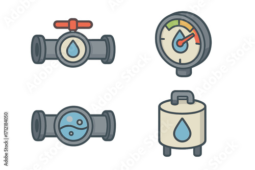 Isometric water management icon set with pipes, valves, gauges, and fluid symbols, vector cartoon illustration, plumbing and liquid control, transparent background, ordered collection