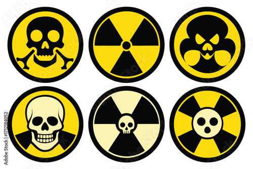 Radiation sign, biohazard sign and toxic sign set vector . Set of hazard danger yellow and black vector signs symbol. Danger, warning icon set. Silhouette and outline style. Vector illustration.