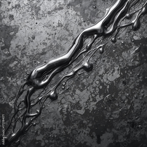 Abstract metallic liquid flows dynamically on a dark, distressed industrial surface. Viscous silver substance forms organic fluid art patterns, creating a textured grunge background