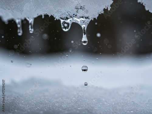 Close-up of melting ice/snow with multiple water droplets falling and suspended in mid-air, illustrating the thaw against a soft, blurred background.